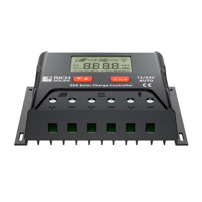 Rich Solar BRAVO LEGEND 30 Amp PWM Solar Charge Controller Front And Bottom View