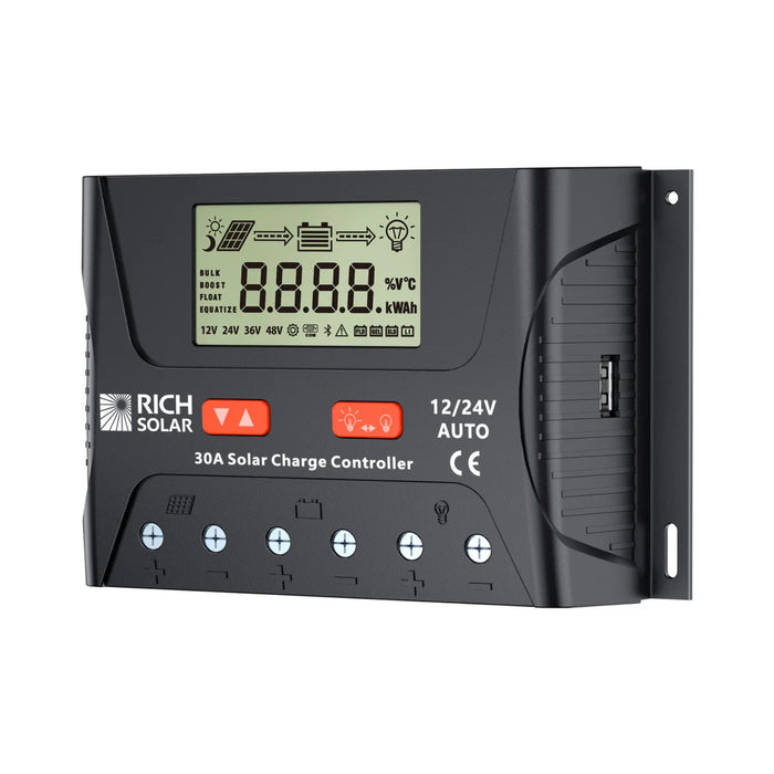 Rich Solar BRAVO LEGEND 30 Amp PWM Solar Charge Controller Front And Right View