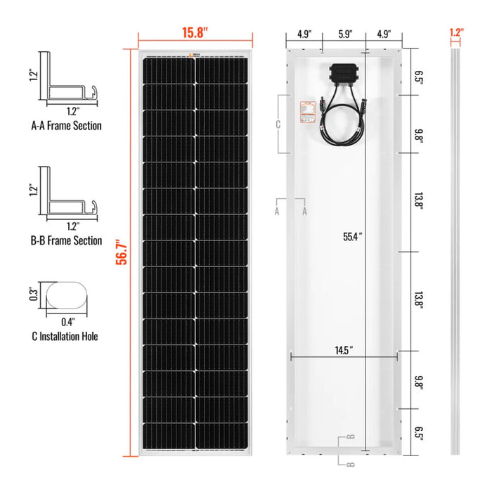 Rich Solar MEGA 100 Slim SLX Monocrystalline Solar Panel with dimensions and specifications