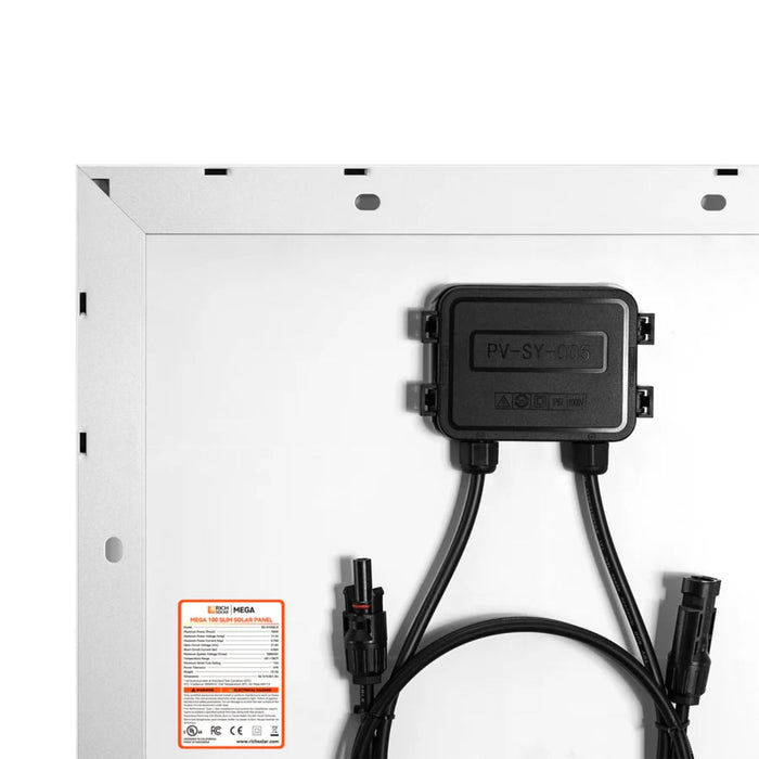 Rich Solar MEGA 100 Slim SLX Monocrystalline Solar Panel with cables on a white background