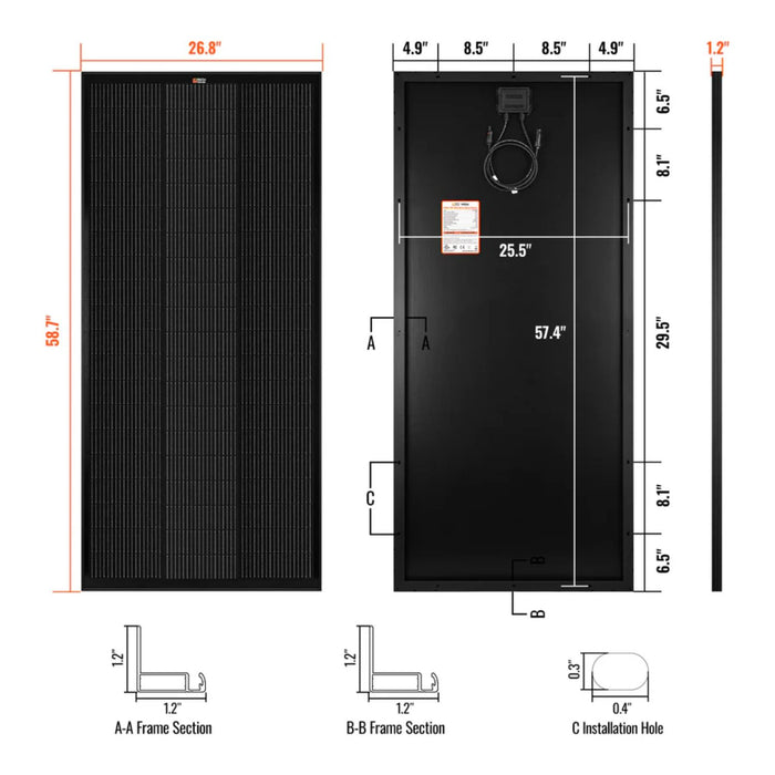 Rich Solar MEGA 200 Watt PRO ONYX 24 Volt Solar Panel dimensions