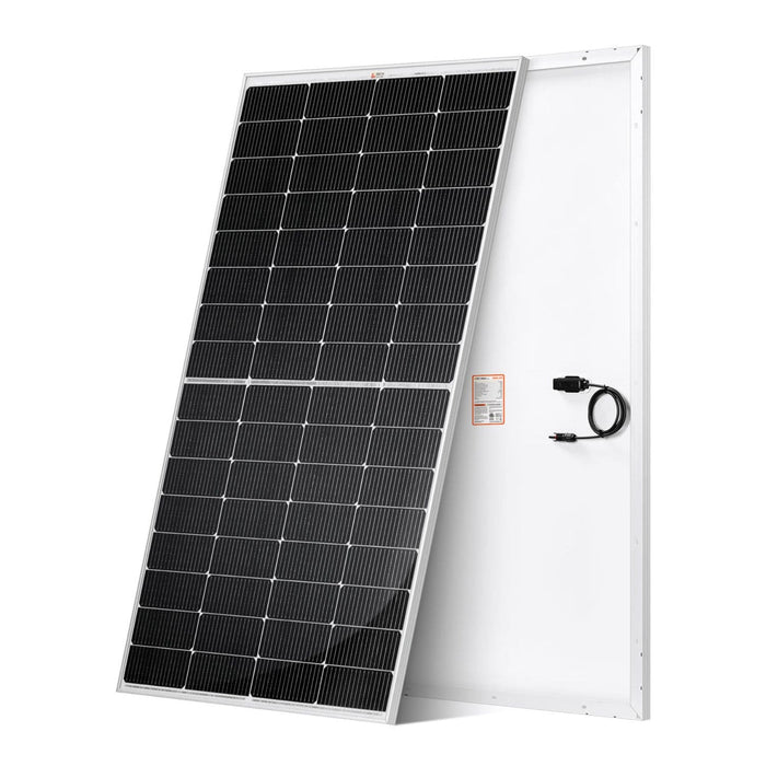 Rich Solar MEGA 220 Watt Solar Panel front slant view and back view showcasing its design and features