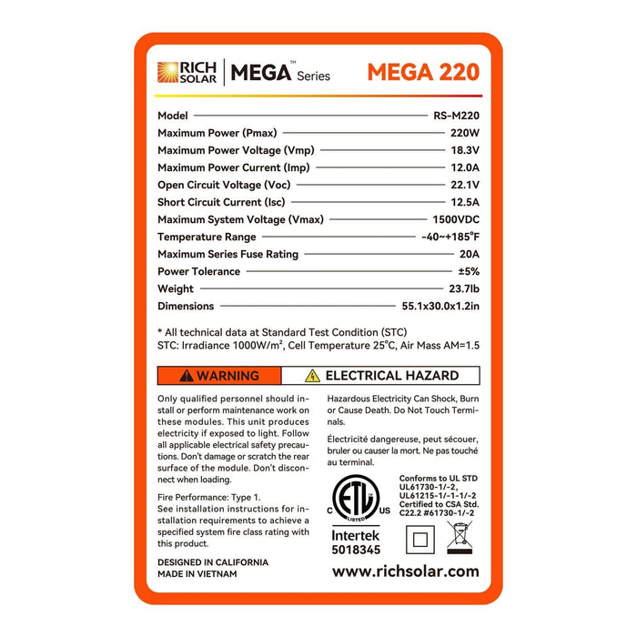 Rich Solar MEGA 220 Watt Solar Panel specifications