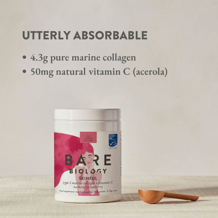 Bare Biology Skinful with Vitamin C product tub with illustration of pink lady with flowing hair. Ingredients listed in text on a neutral background.