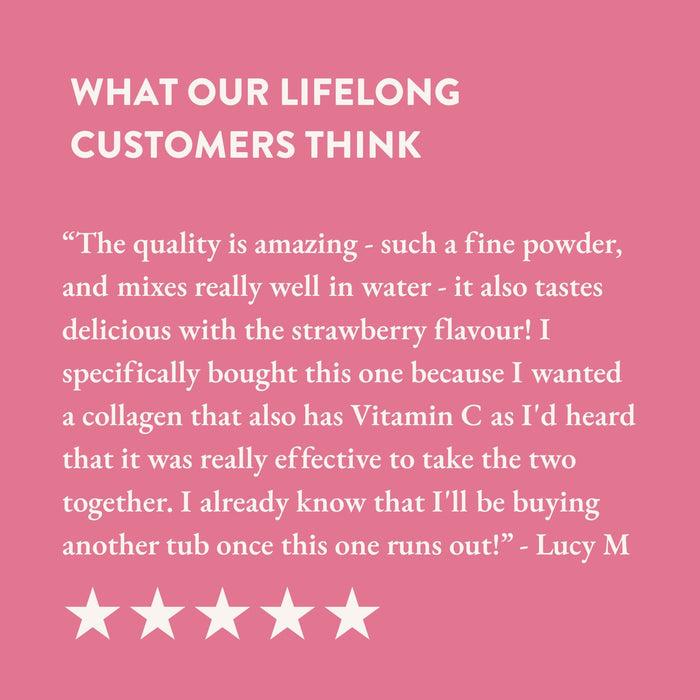 Pink background with white text and five-star rating with an outstanding customer review.