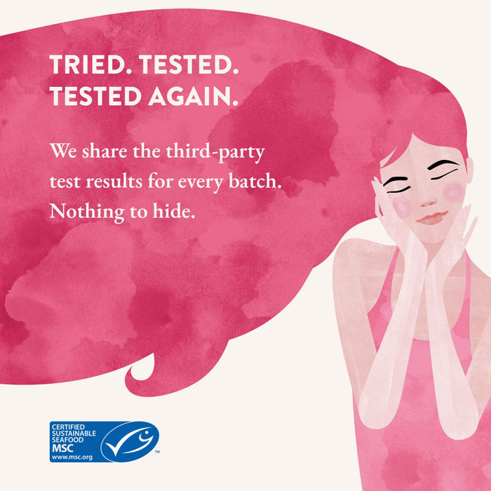 Advertisement with a illustration of a woman holding her hands against her cheeks, her pink flowing hair blends into the background, and MSC certification logo included on the image.