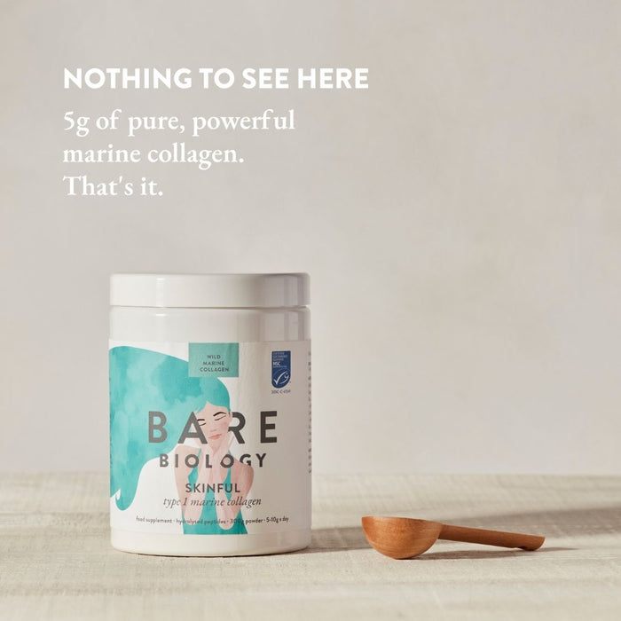 Bare Biology marine collagen powder container on a neutral background with text overlay.