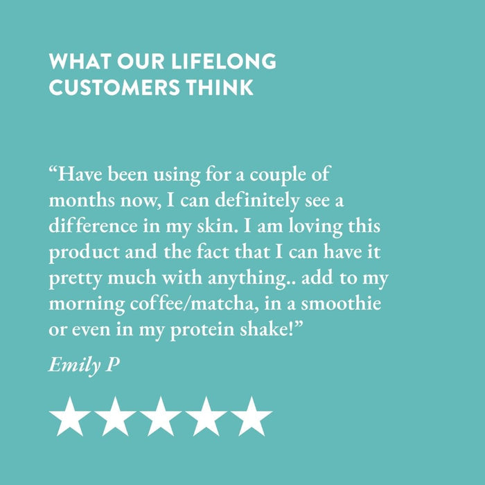 Five-star customer review of Skinful Pure Marine Collagen Powder on a teal background with white text.