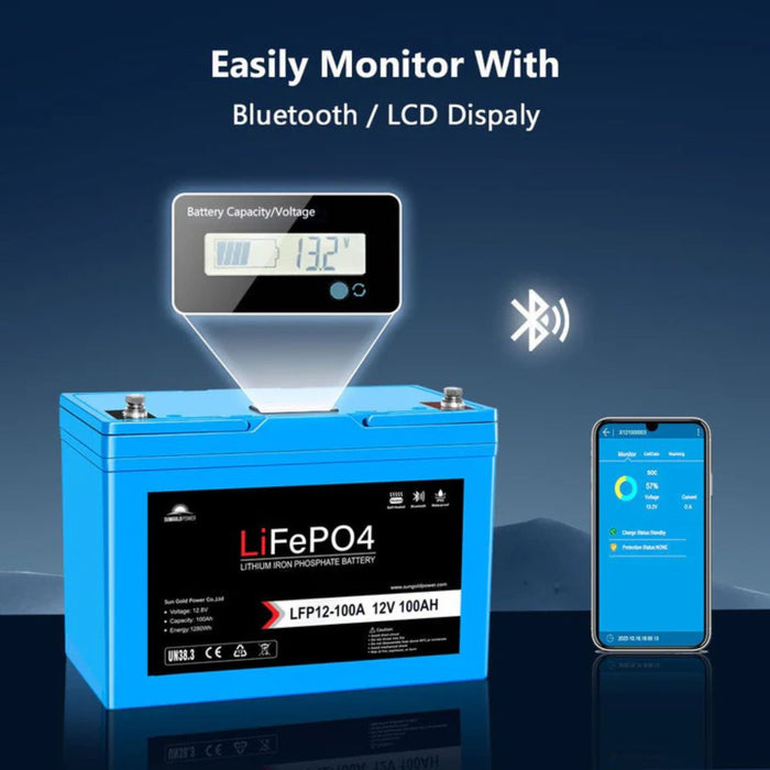 SunGold Power 12V 100AH LiFePO4 Deep Cycle Lithium Battery Monitor