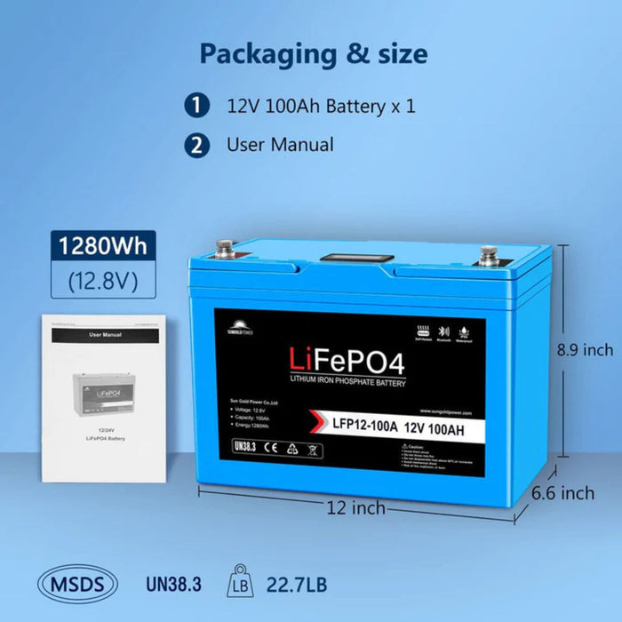 SunGold Power 12V 100AH LiFePO4 Deep Cycle Lithium Battery Auto Balancing Packaging and size