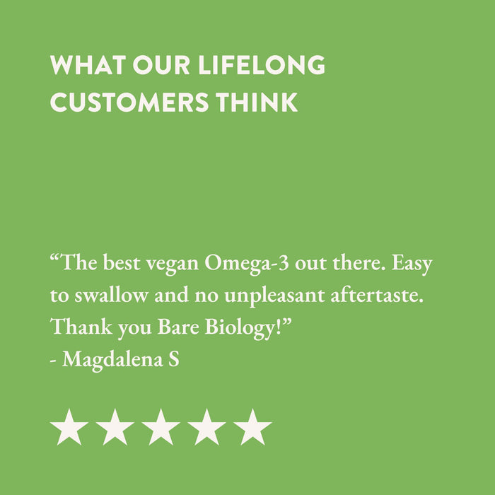 Green background with white text and five-star rating for Bare Biology product.