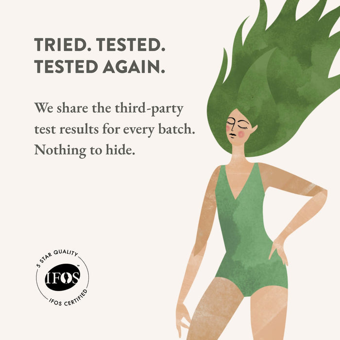 Illustration of a woman in a green swimsuit with text about testing for PCBs, mercury, and heavy metals.