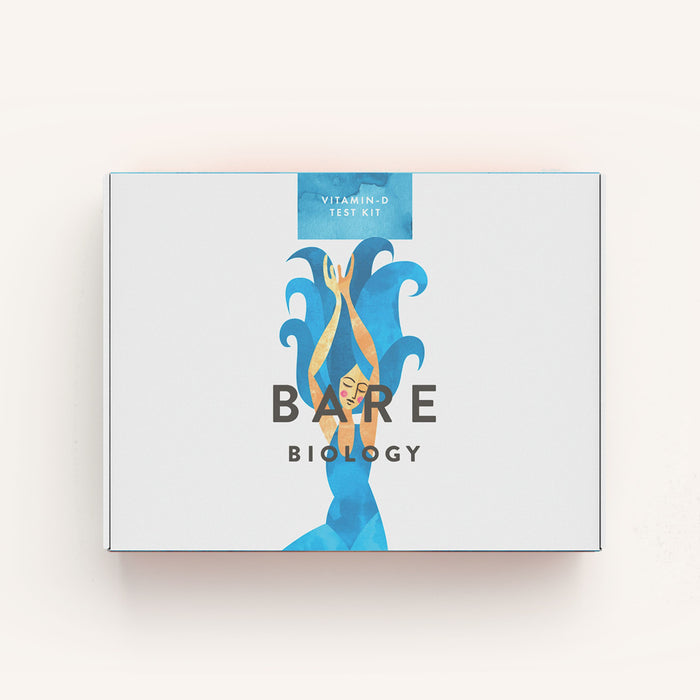 Bare Biology Vitamin D test kit with colourful illustration on packaging of lady with blue wavy hair.