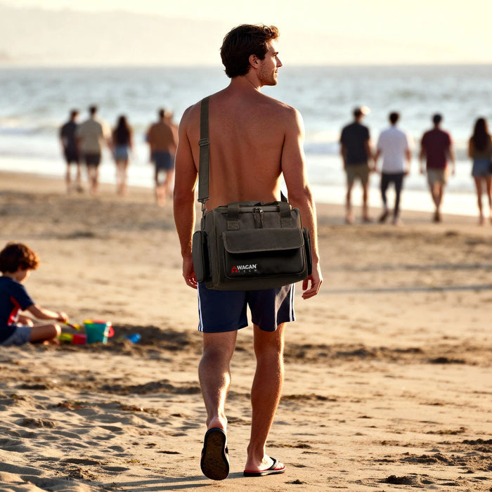 Wagan 14 Liter Electric Cooler/Warmer Bag being carried by a man.