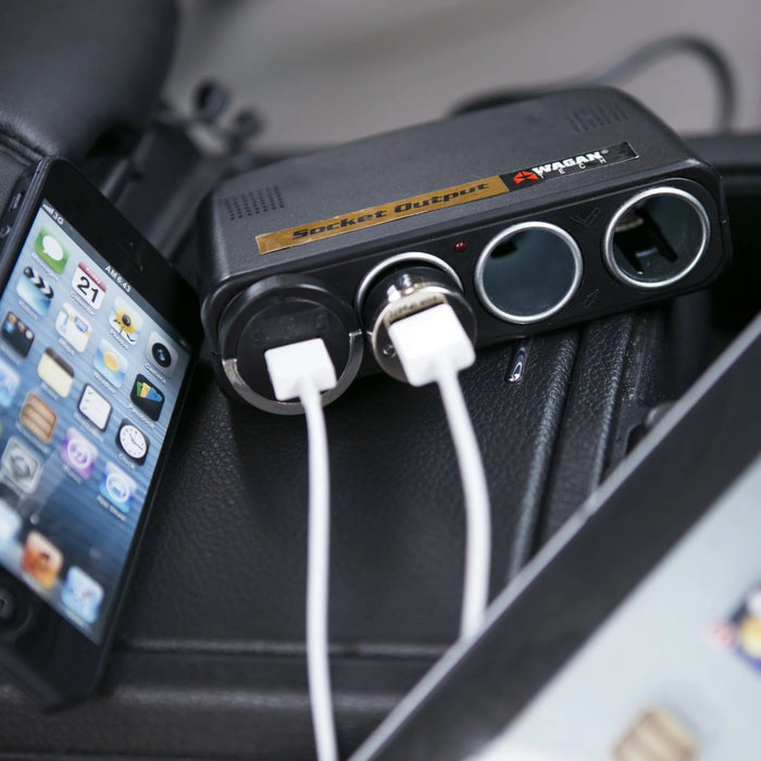 Phone And Tablet Charging In A Car With Wagan Tech TravelCharge 4-Way Socket Output